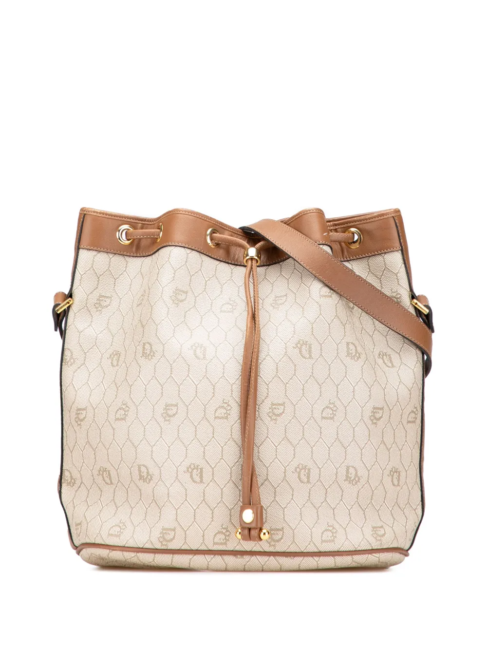 Pre-owned Dior 20th Century Honeycomb Coated Canvas Drawstring Bucket Bag In Brown