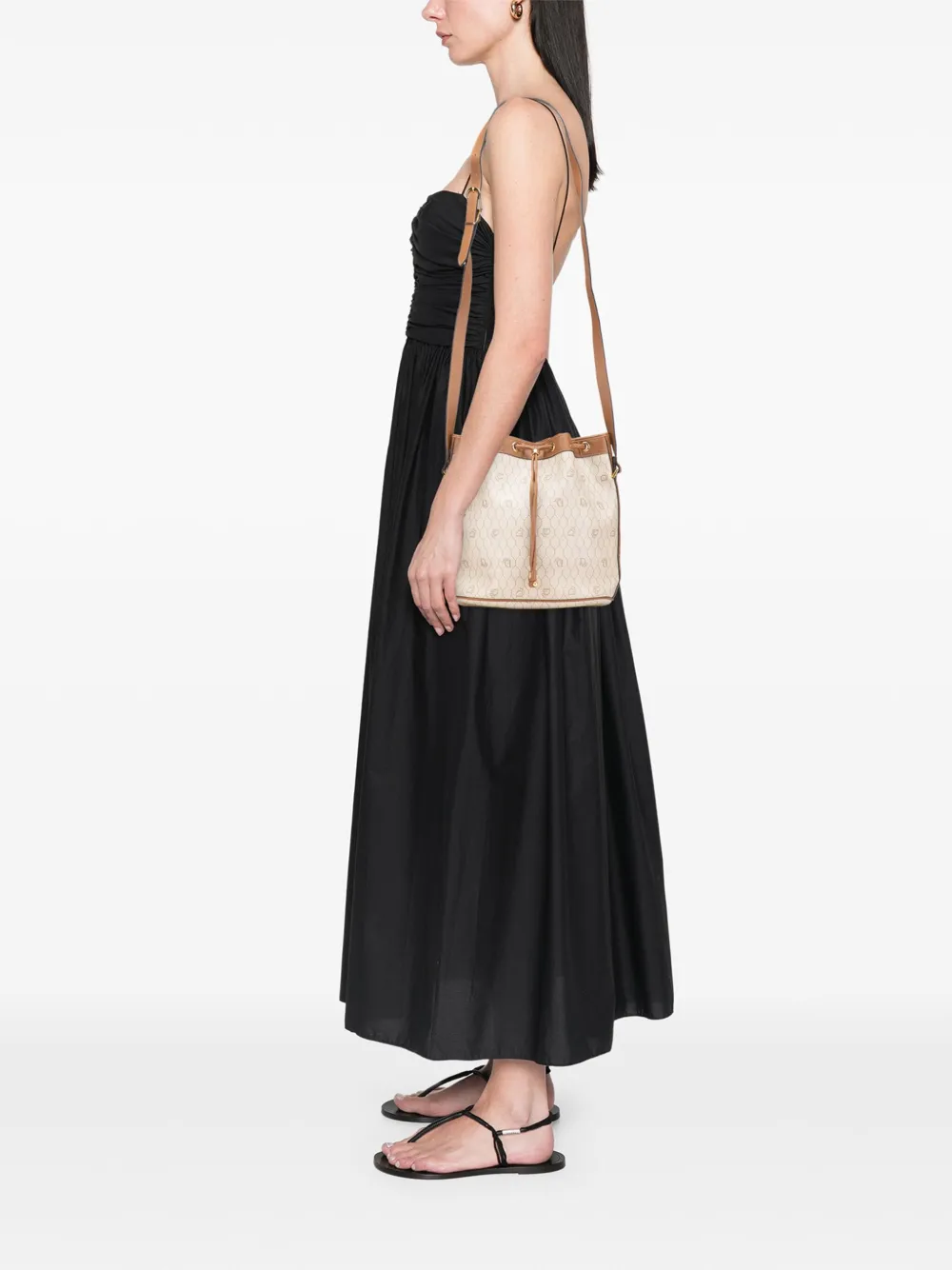 Pre-owned Dior 20th Century Honeycomb Coated Canvas Drawstring Bucket Bag In Brown