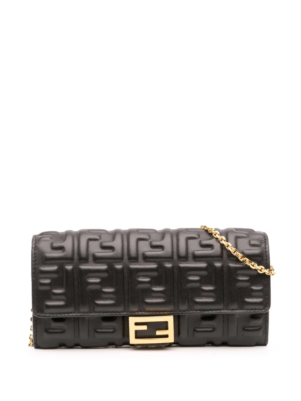 Pre-owned Fendi 2010-2025 Zucca Embossed Leather Wallet On Chain Crossbody Bag In Black