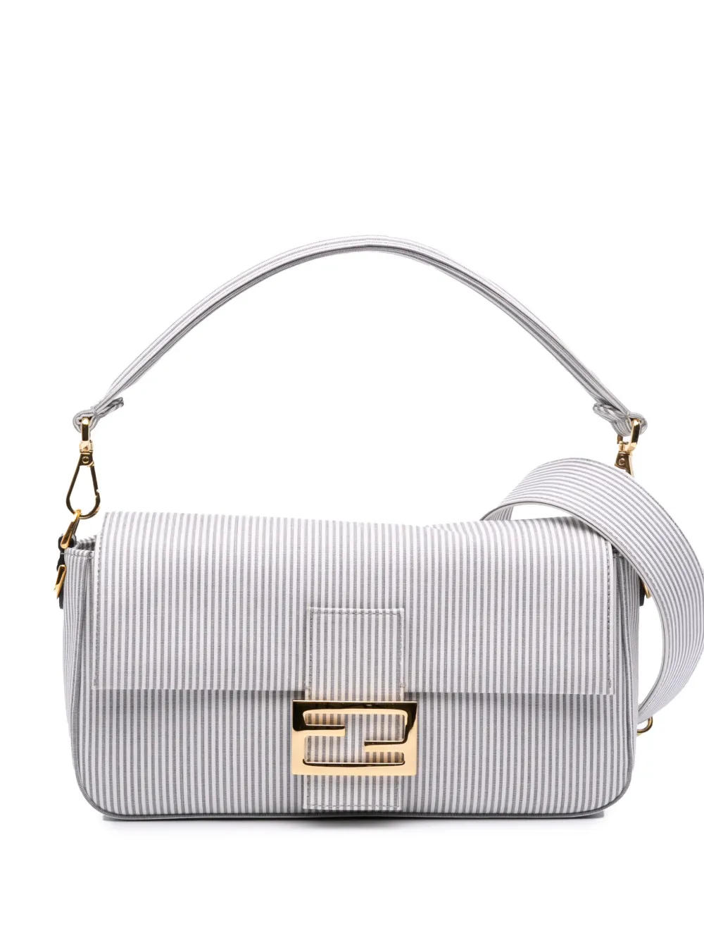 Pre-owned Fendi 2010-2025 Medium Striped Canvas Baguette Satchel In Gray