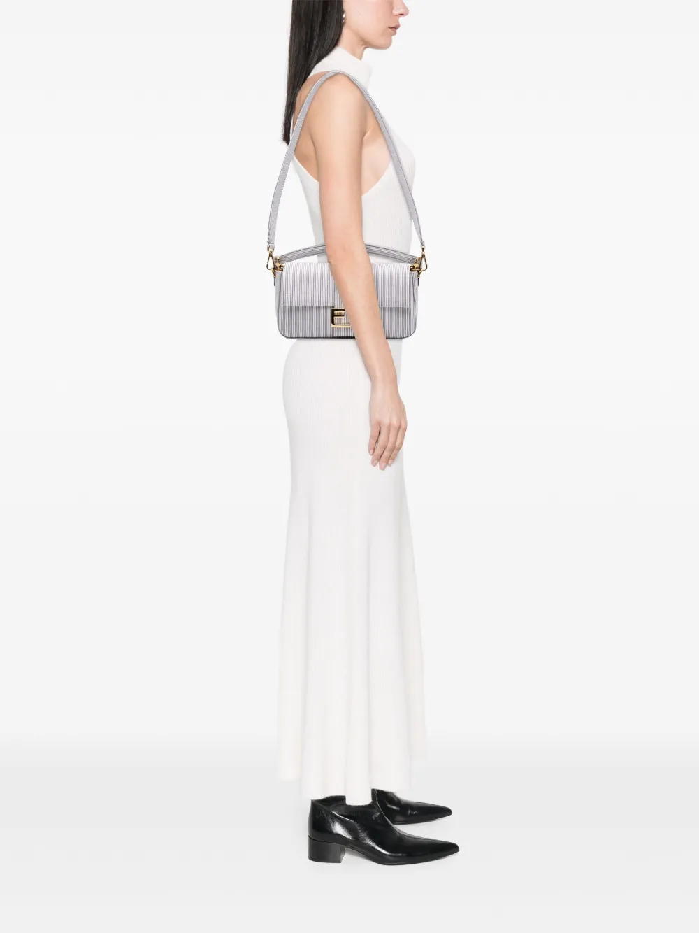 Pre-owned Fendi 2010-2025 Medium Striped Canvas Baguette Satchel In Gray