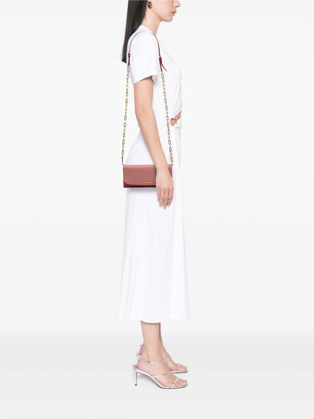 Pre-owned Miu Miu 2021-2025 Bicolor Goatskin Madras Wallet On Chain Crossbody Bag In Pink