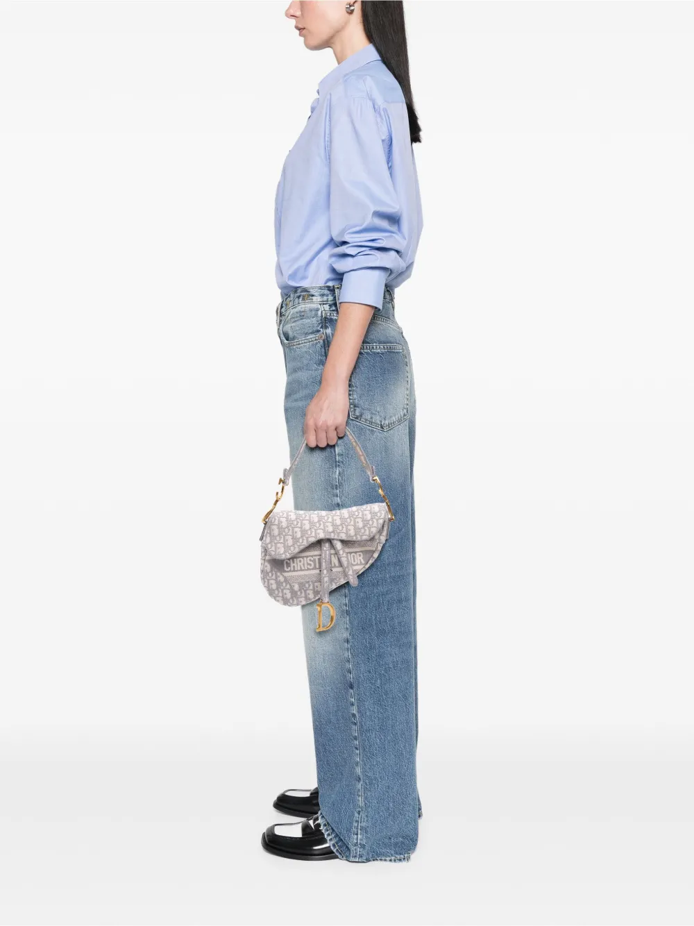 Pre-owned Dior 2010 Oblique Canvas Embroidered Saddle Bag Shoulder Bag In Gray