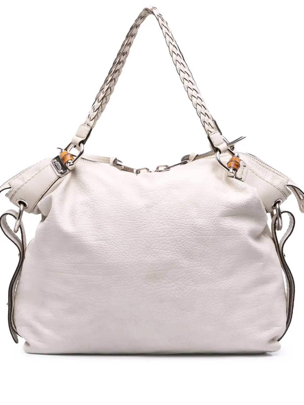Pre-owned Gucci 2016-2025 Large Pebbled Calfskin Bamboo Bar Tassel Tote Bag In White