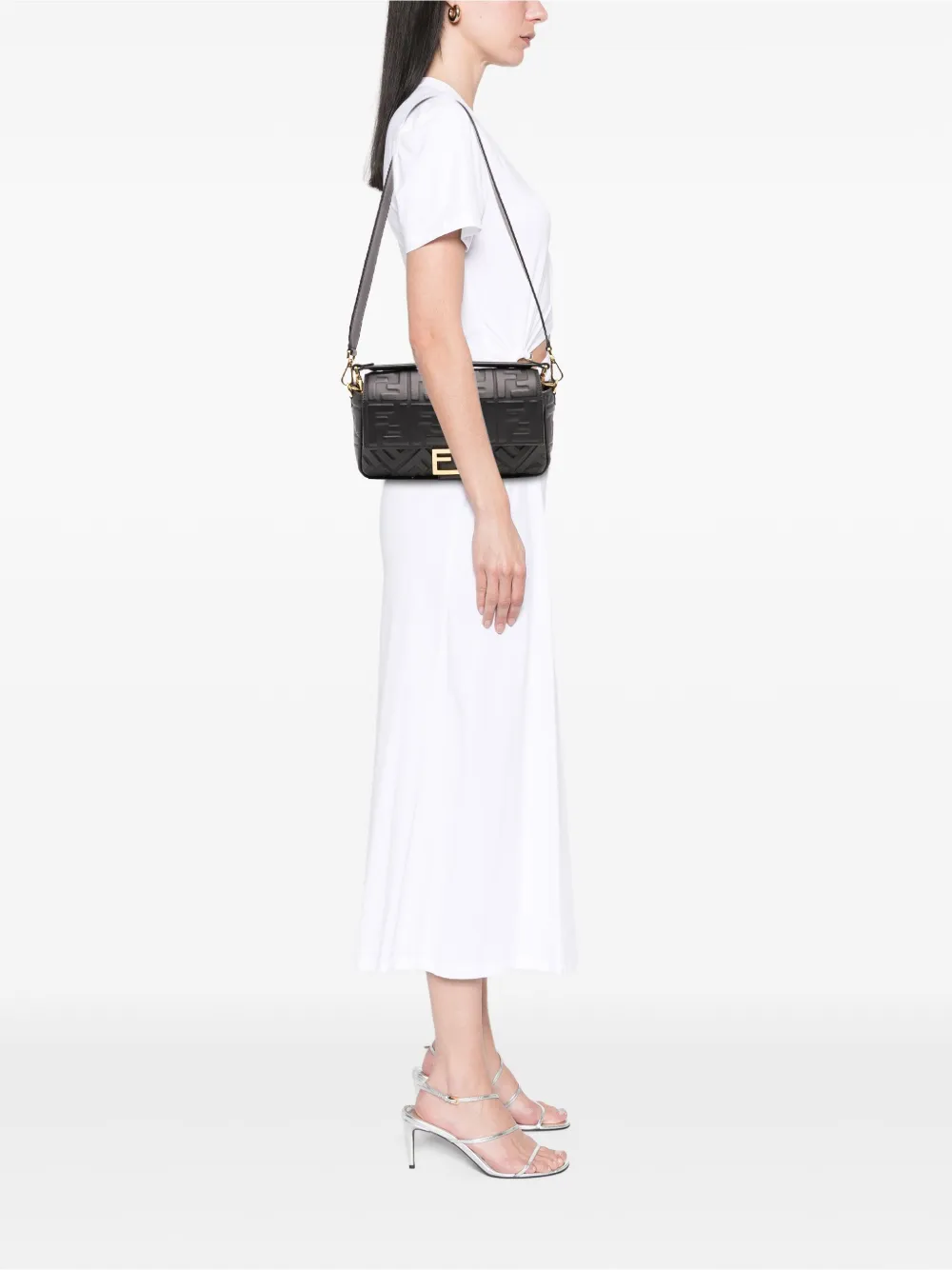 Pre-owned Fendi 2010-2025 Zucca Embossed Leather Baguette Satchel In Black