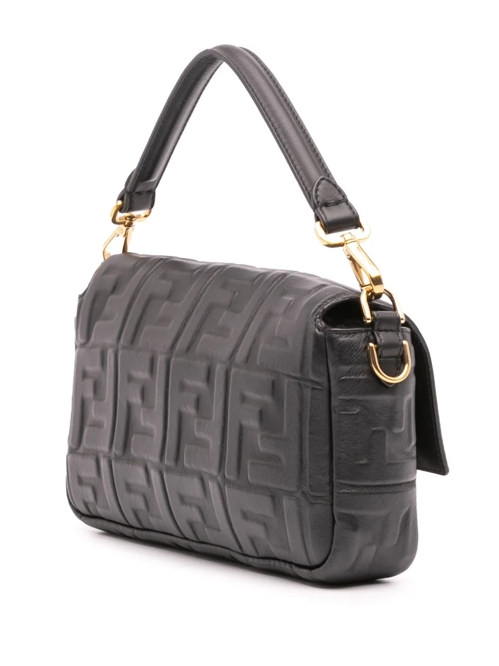 Pre-owned Fendi 2010-2025 Zucca Embossed Leather Baguette Satchel In Black