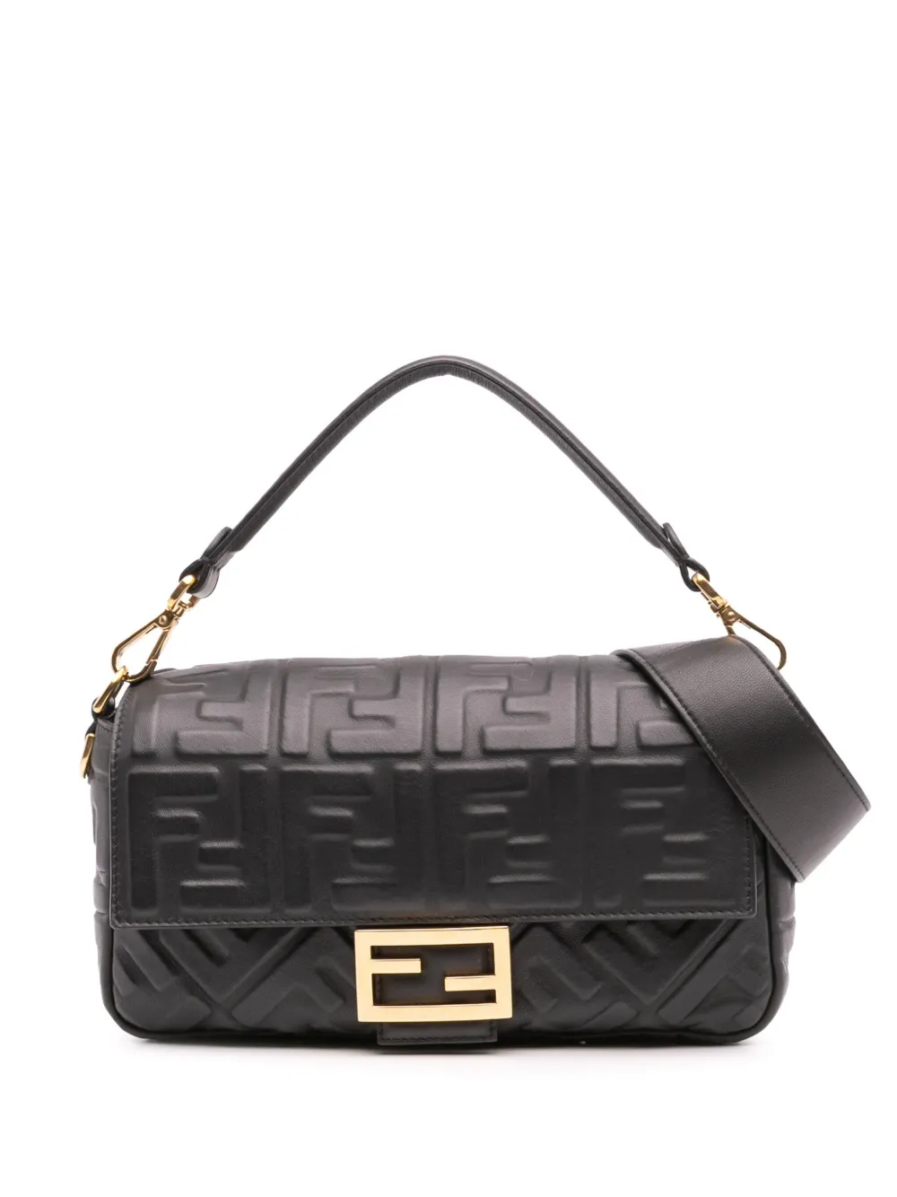 Pre-owned Fendi 2010-2025 Zucca Embossed Leather Baguette Satchel In Black