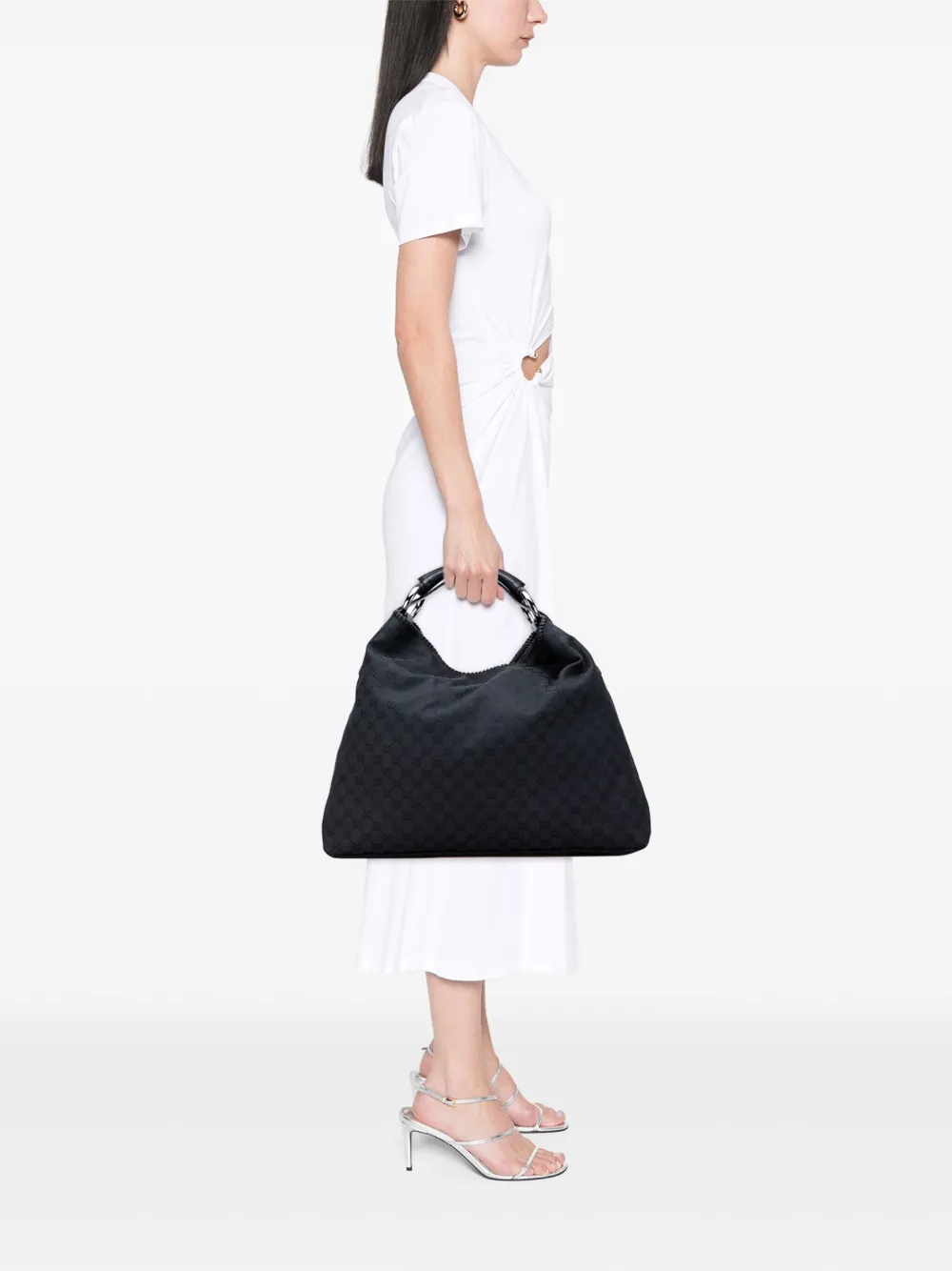 Pre-owned Gucci 2000-2015 Large Gg Canvas Horsebit Hobo Bag In Black