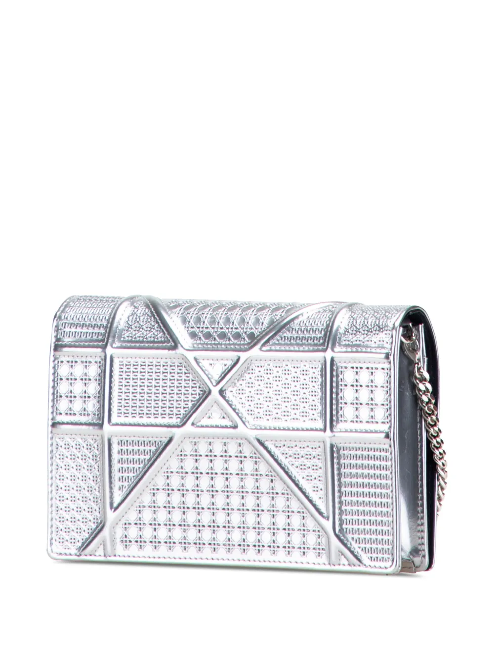 Pre-owned Dior 2017 Metallic Patent Microcannage Ama Wallet On Chain Crossbody Bag In Silver