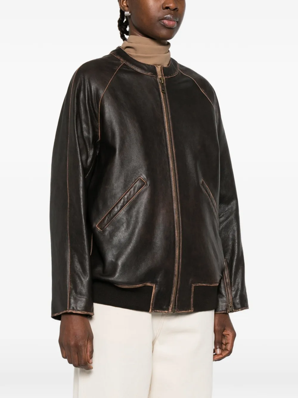  Arma Azzura Leather Bomber Jacket - Brown 