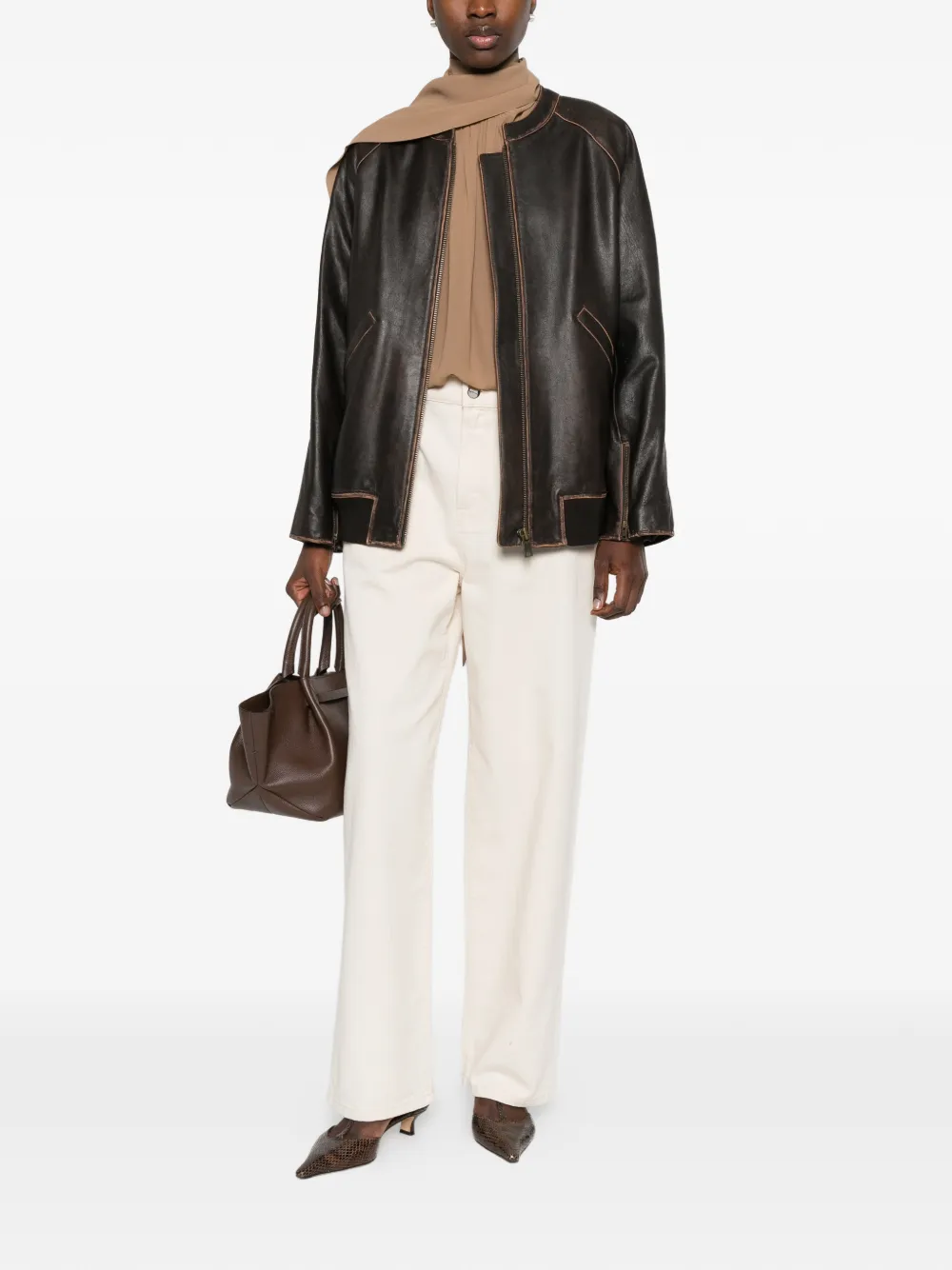  Arma Azzura Leather Bomber Jacket - Brown 