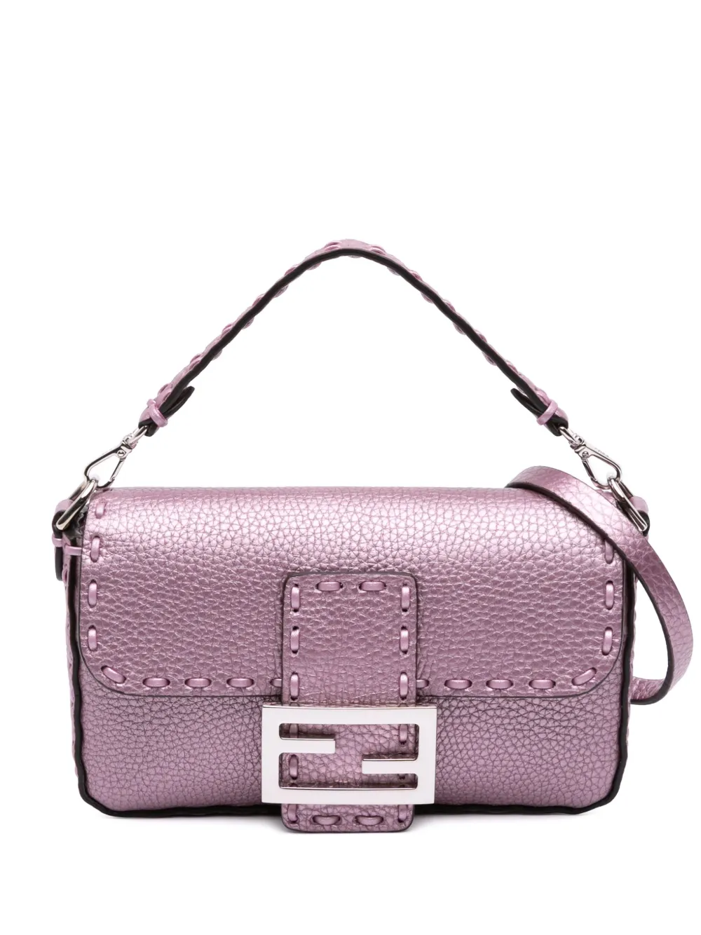 Pre-owned Fendi 2010-2025 Mini Metallic Leather Baguette Satchel In Pink