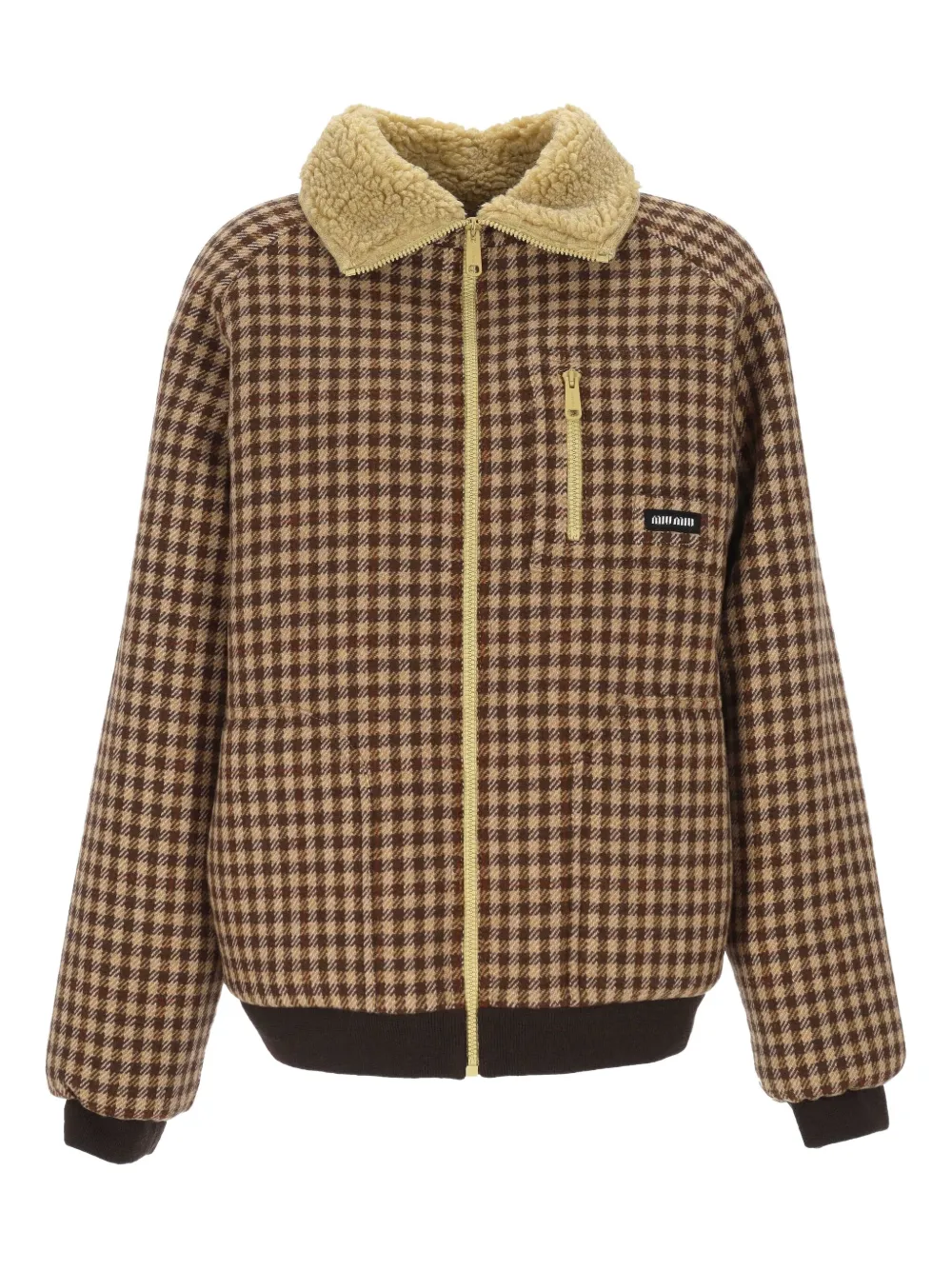 Miu Miu gingham check sherpa collar jacket | Brown | Image 1