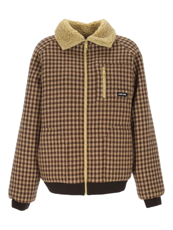 Miu Miu Gingham Check Sherpa Collar Jacket in Brown
