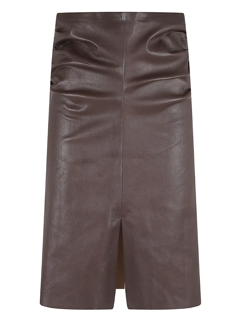 Stouls Ruched Front-slit Leather Skirt in Brown