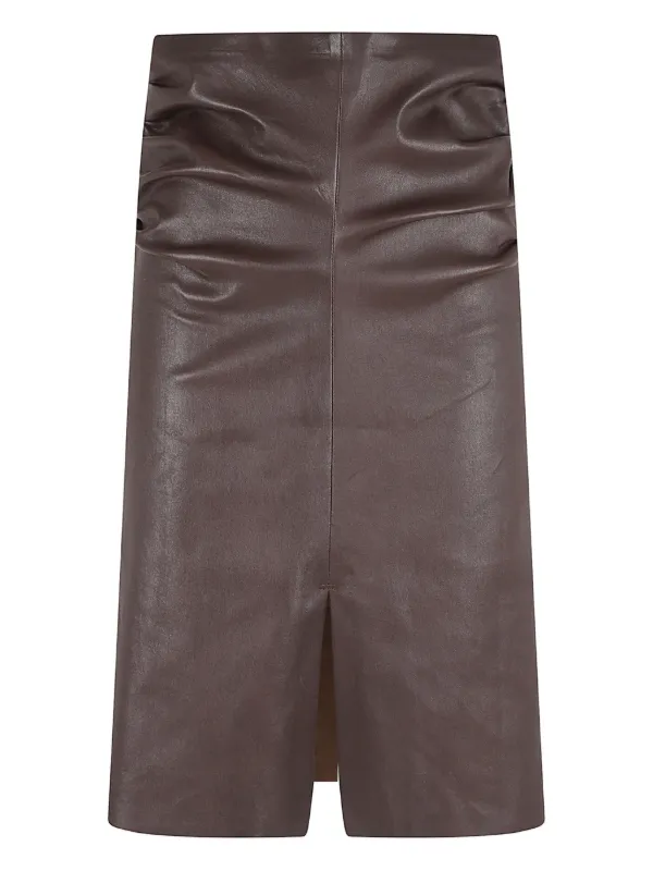 Stouls Ruched Front-slit Leather Skirt in Brown