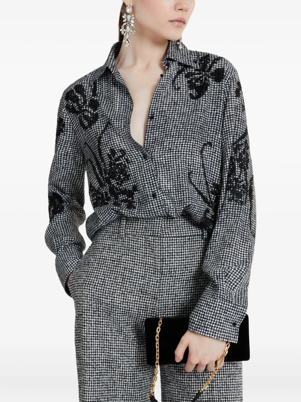 Ermanno Scervino Blouse verfraaid met bloemen en pied-de-poule print Zwart