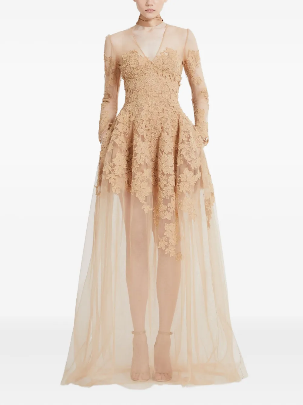 Ermanno Scervino floral-appliqué long-sleeve maxi dress - Beige