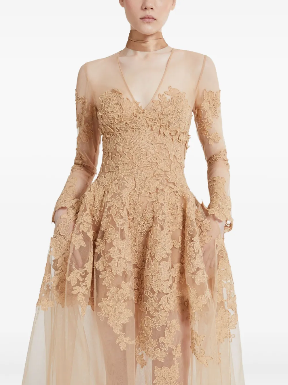 Ermanno Scervino Maxi-jurk met bloemapplicatie en lange mouwen Beige