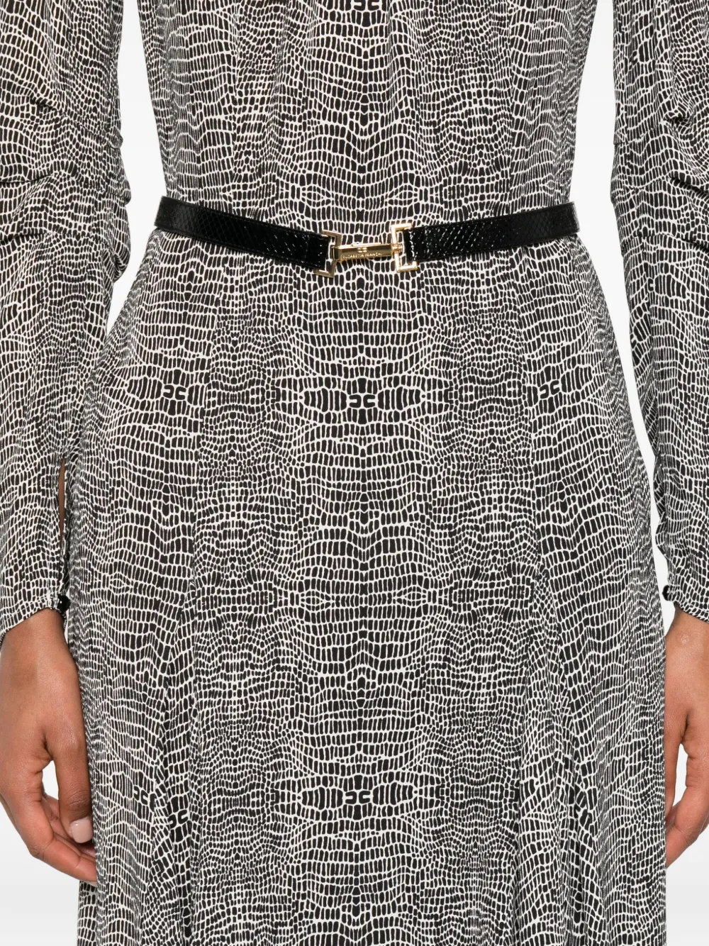 Elisabetta Franchi Python-print Belted Asymmetric Dress In Black