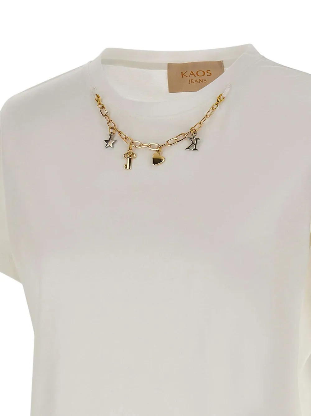 kaos T-shirt verfraaid met ketting Beige
