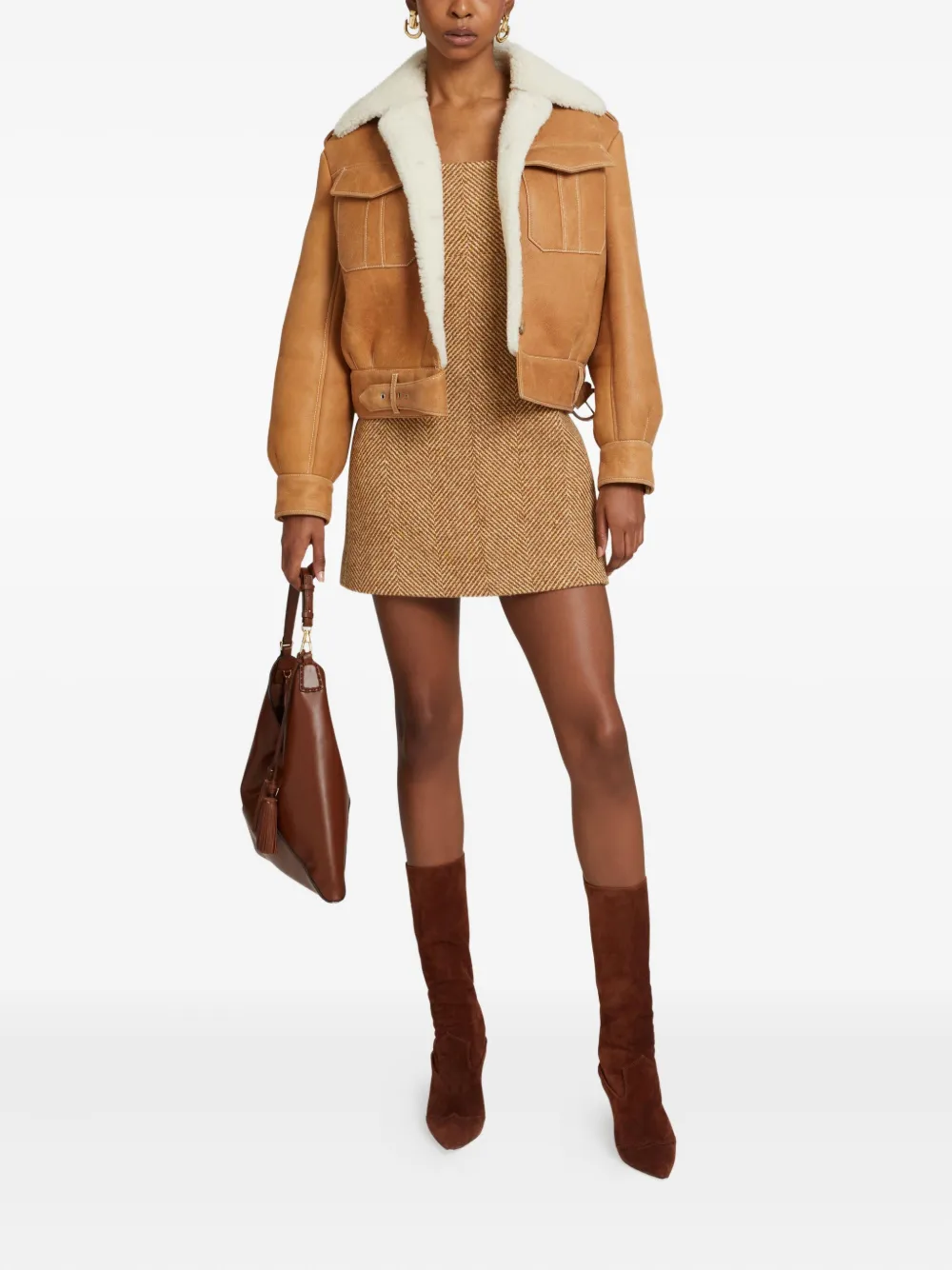 Ermanno Scervino Shearling-collared Belted Jacket In Brown