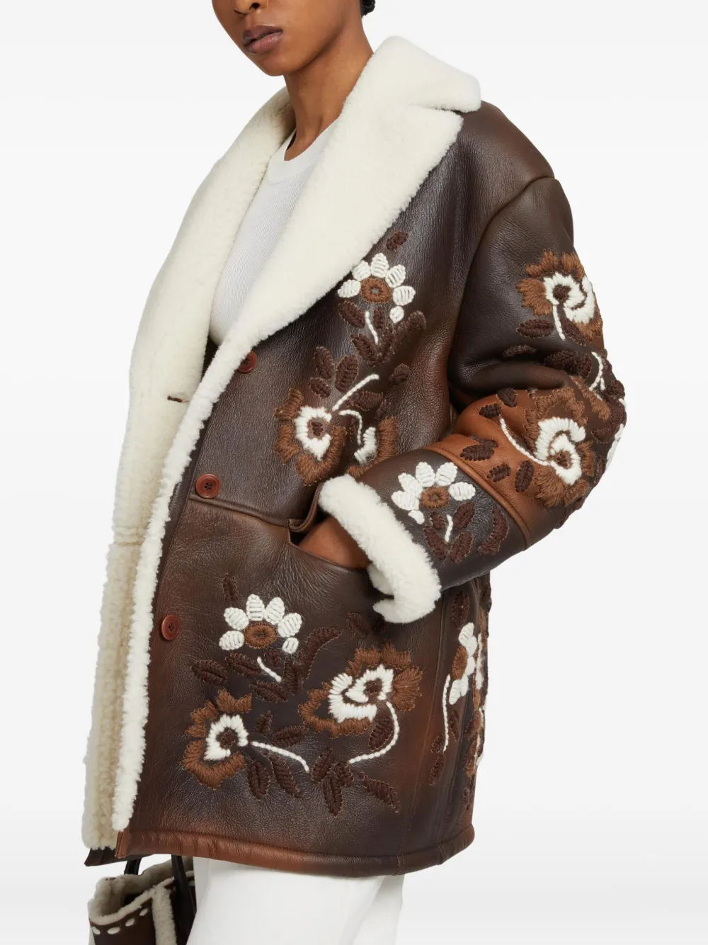 Ermanno Scervino Floral-embroidery Shearling Coat In Brown