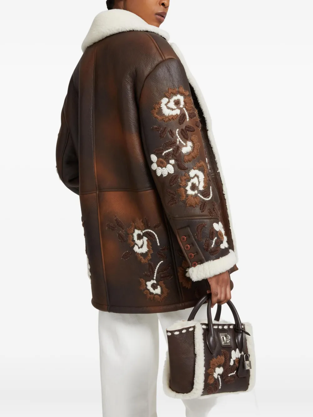 Ermanno Scervino Floral-embroidery Shearling Coat In Brown