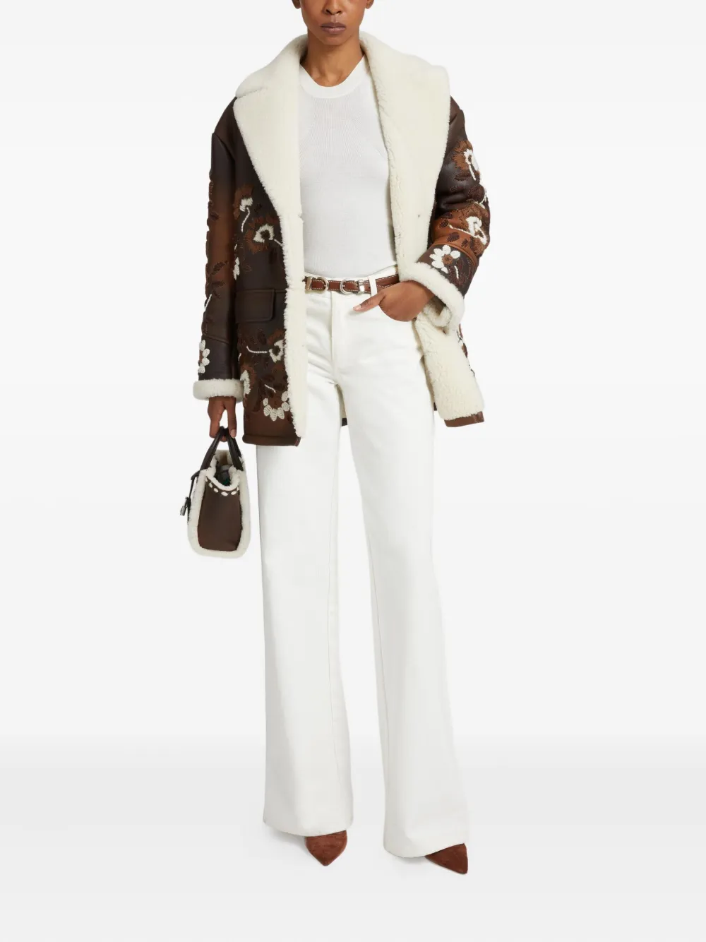Ermanno Scervino floral-embroidery shearling coat - Bruin