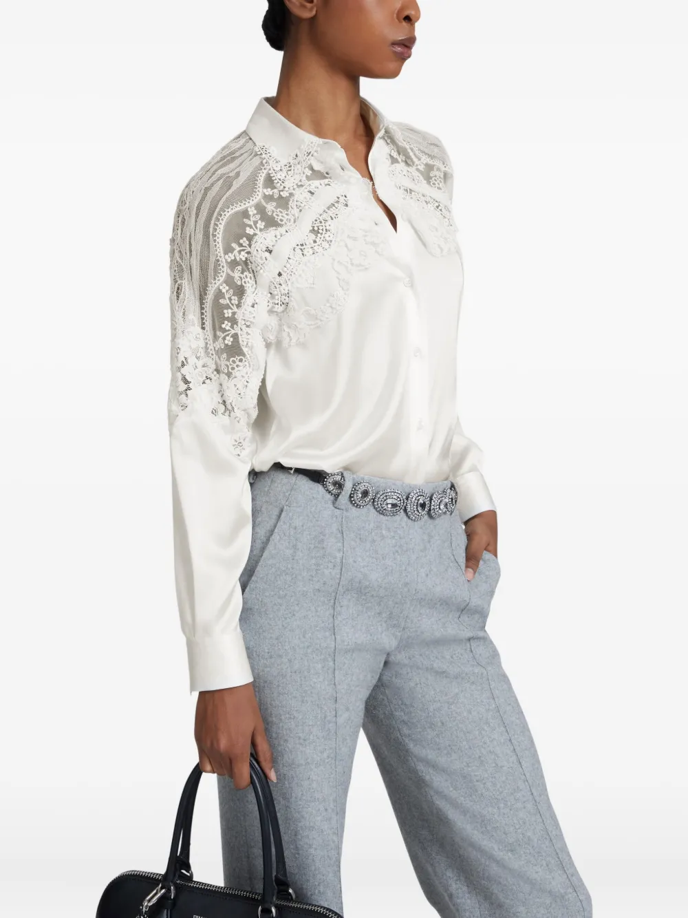 Ermanno Scervino Lace-detailed Silk Shirt In Neutral