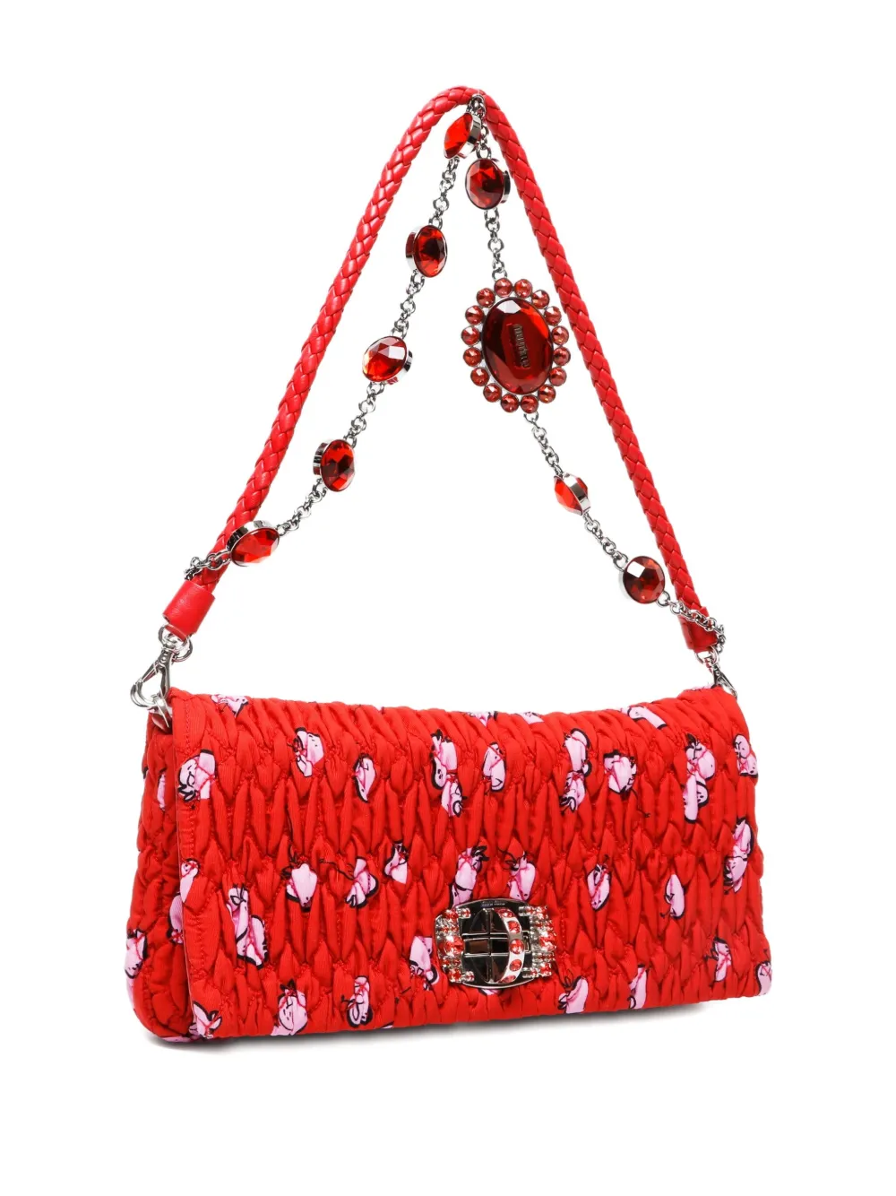 Pre-owned Miu Miu 2010s Matelasse Crystal Embellished Shoulder Bag In Red