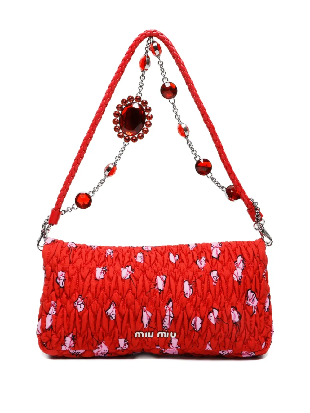 Pre-owned Miu Miu 2010s Matelasse Crystal Embellished Shoulder Bag In Red