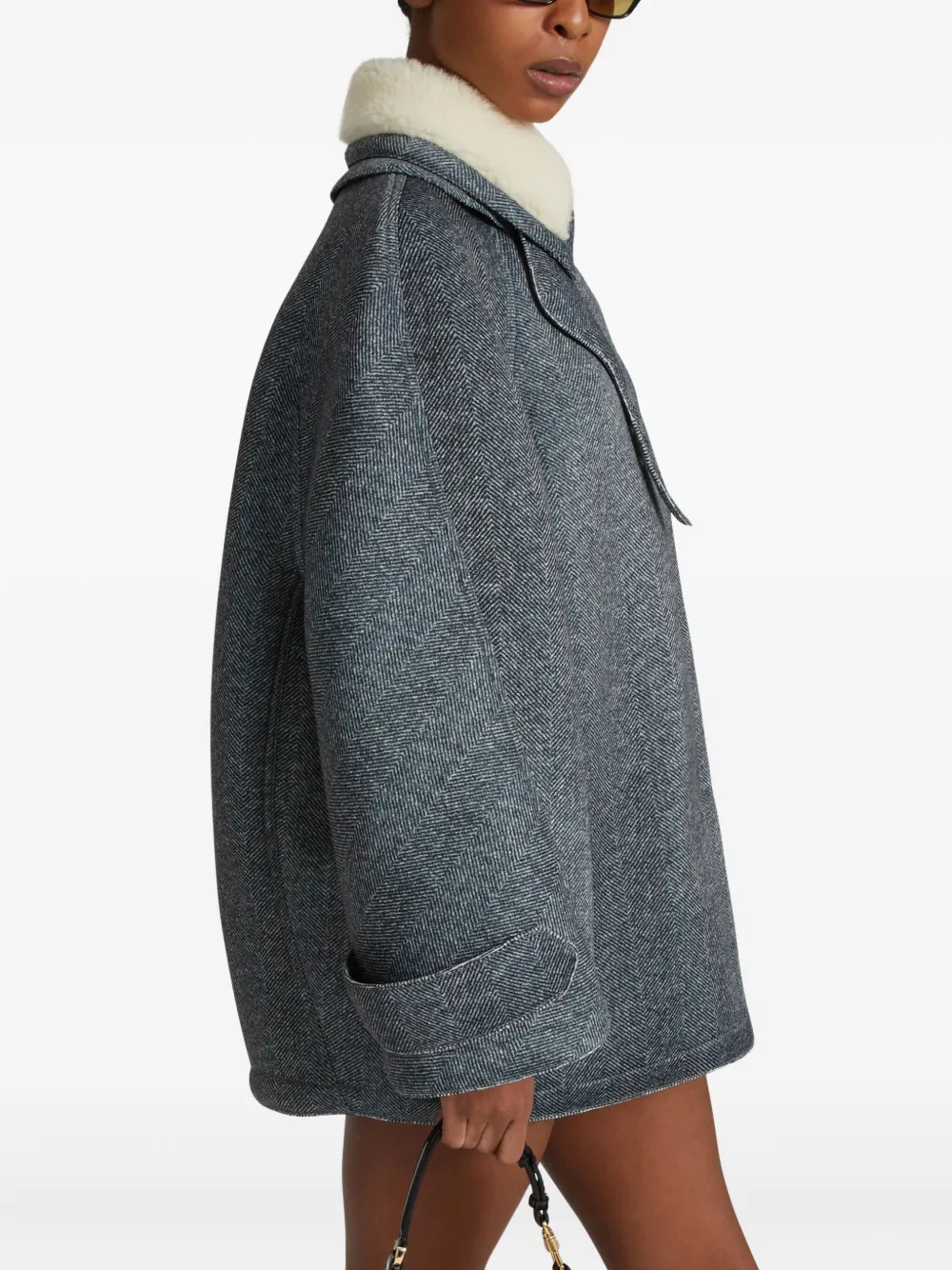 Ermanno Scervino Herringbone-pattern Faux-fur Collar Coat In Blue