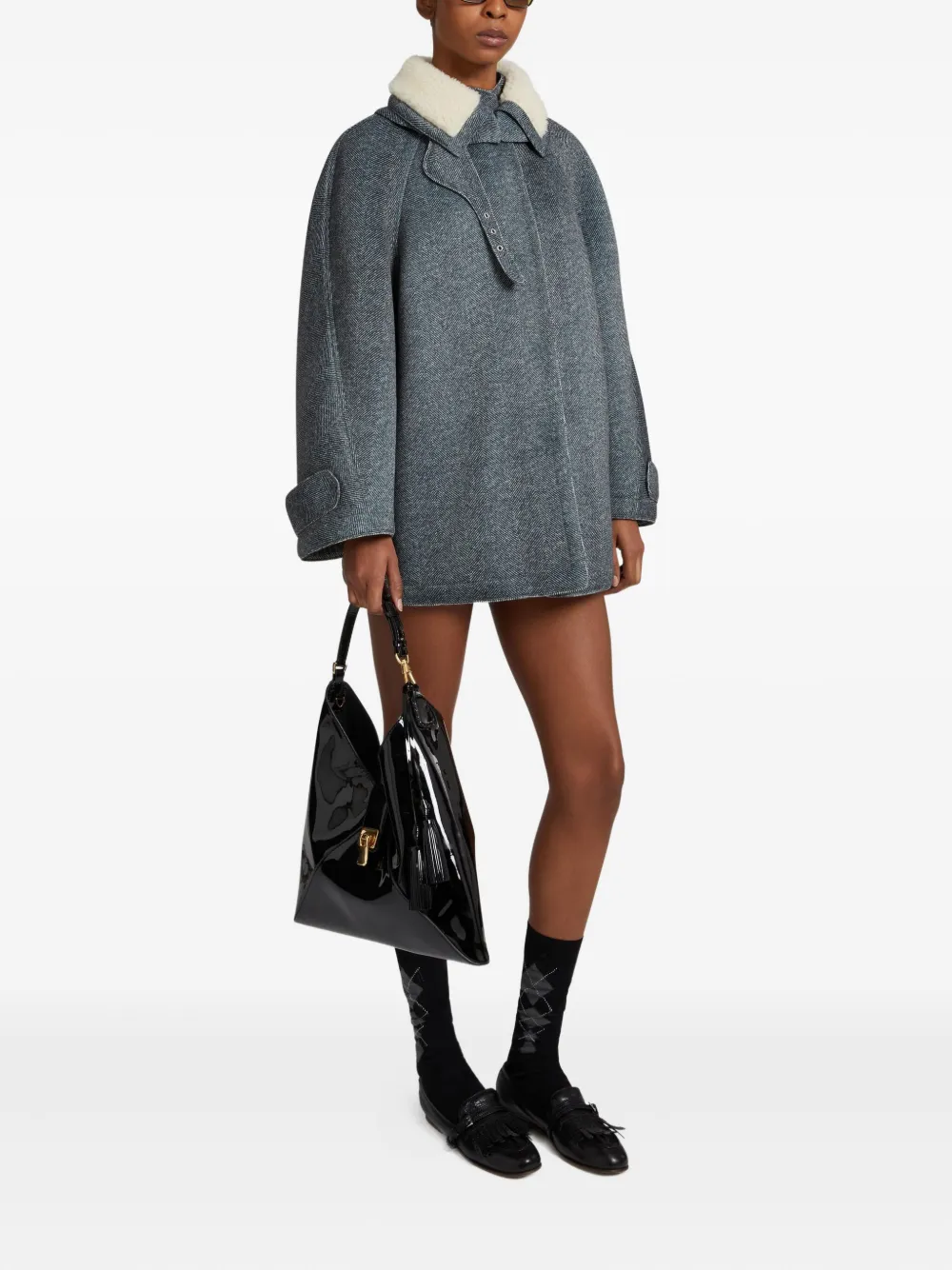 Ermanno Scervino herringbone-pattern faux-fur collar coat - Blauw