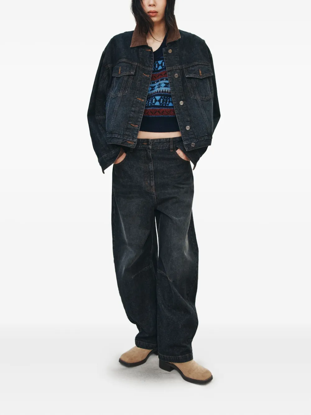 Studio Tomboy Corduroy-collar Denim Jacket In Black