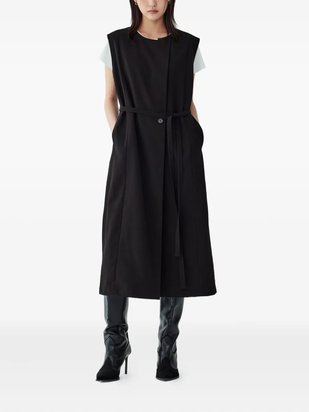 Studio Tomboy Sleeveless Belted Midi Day Dress In Black