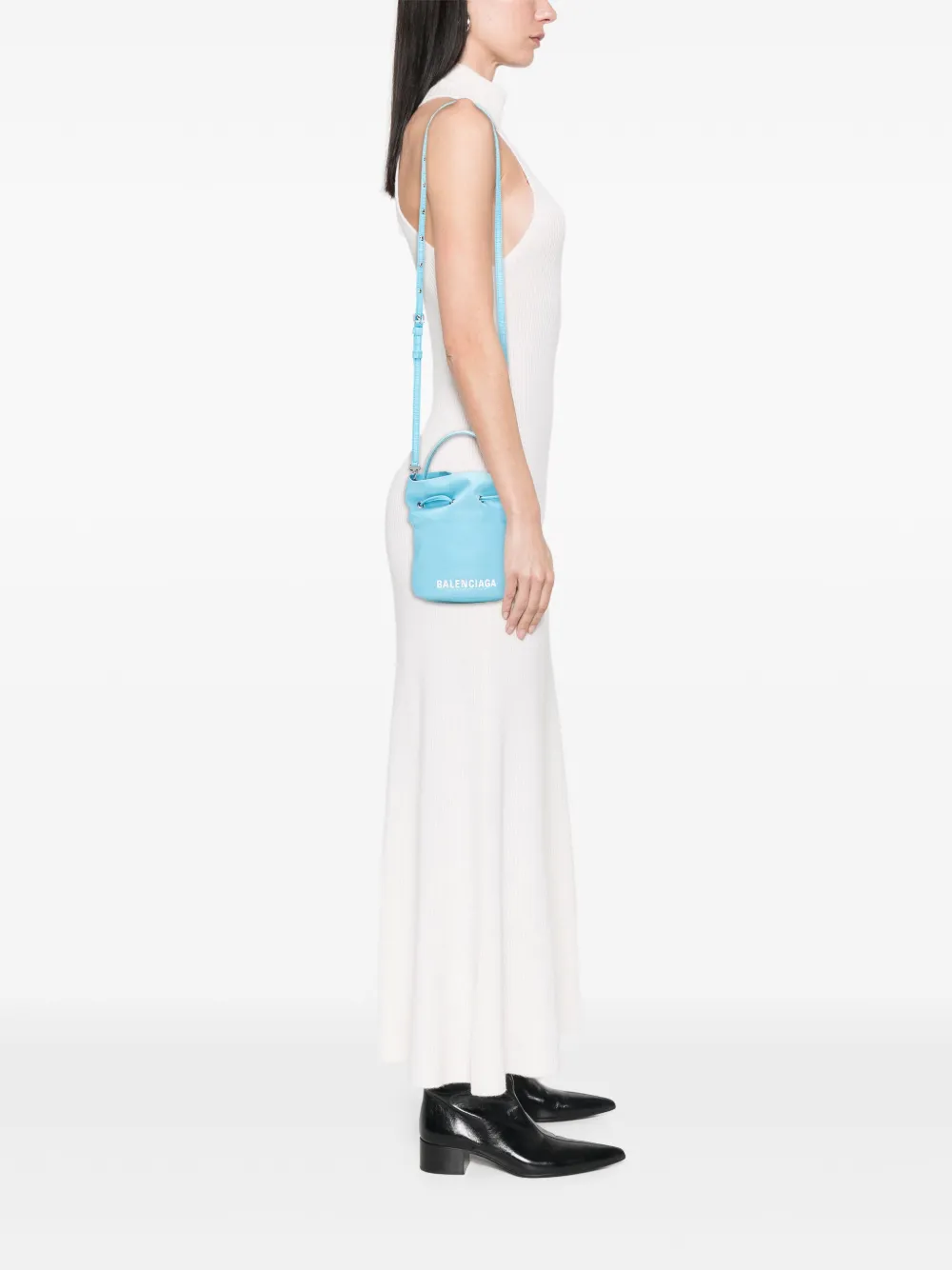 Pre-owned Balenciaga 2021-2025 Recycled Sport Nylon Embroidered Logo Wheel Drawstring Bucket Bag In Blue