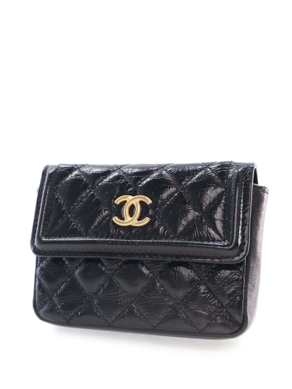 Pre-owned Chanel 2020 Quilted Shiny Aged Calfskin Waist Belt Bag In Black