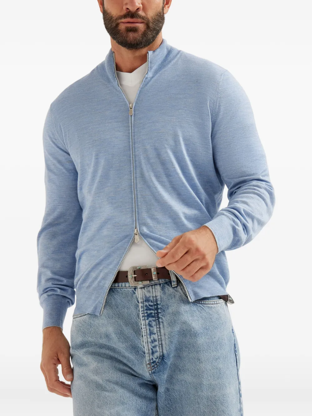 Brunello Cucinelli Zip-neck Lightweight Cardigan In Blue