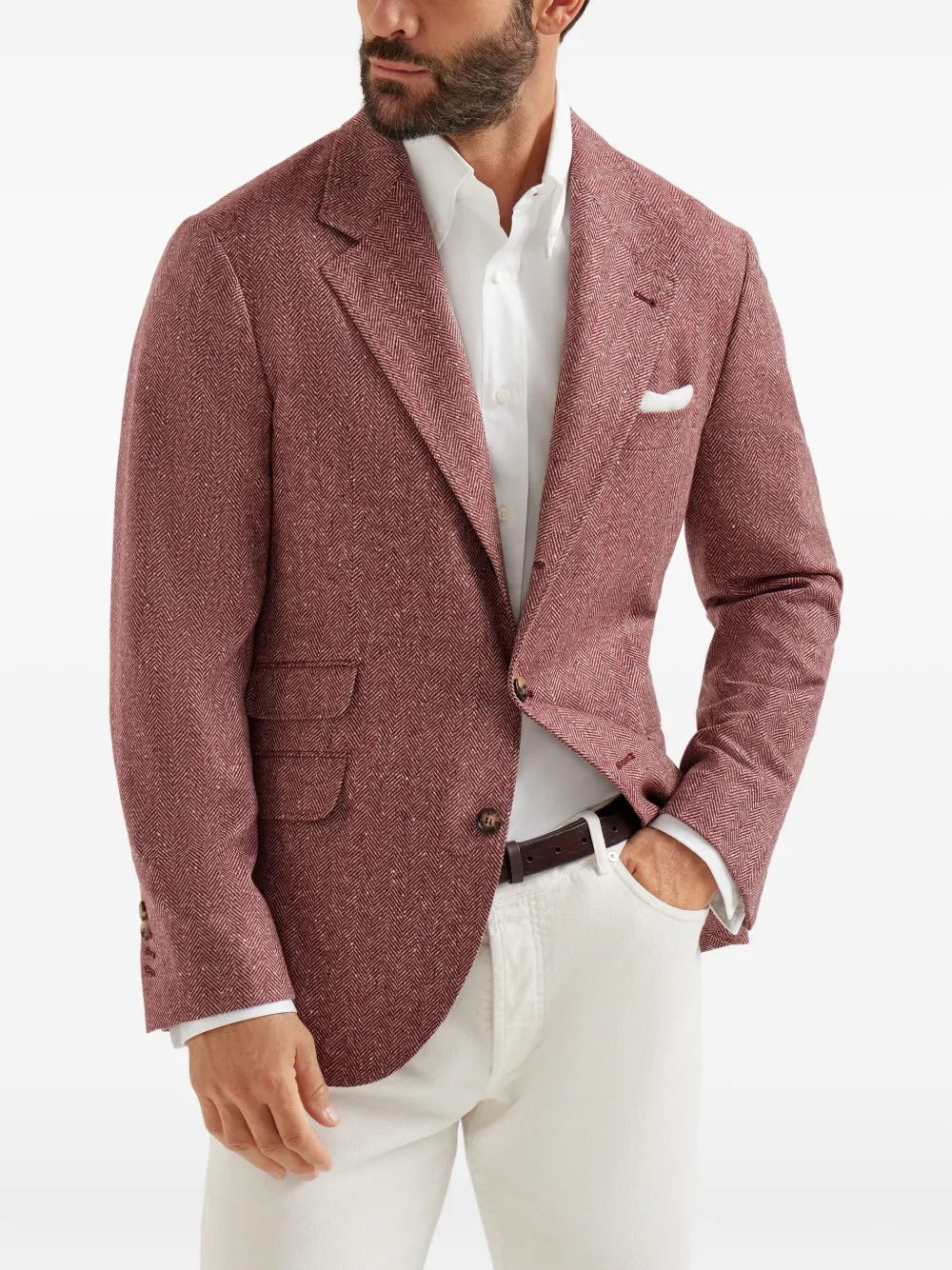 Brunello Cucinelli Herringbone Deconstructed Blazer In Red