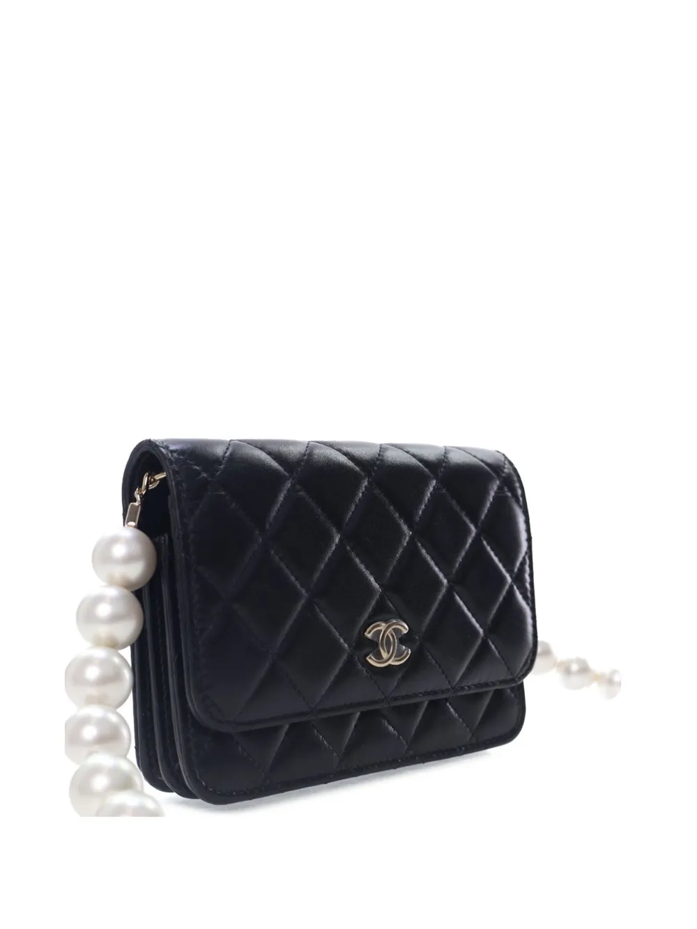 Pre-owned Chanel 2021 Quilted Calfskin Maxi Pearls Wallet On Chain Crossbody Bag In Black