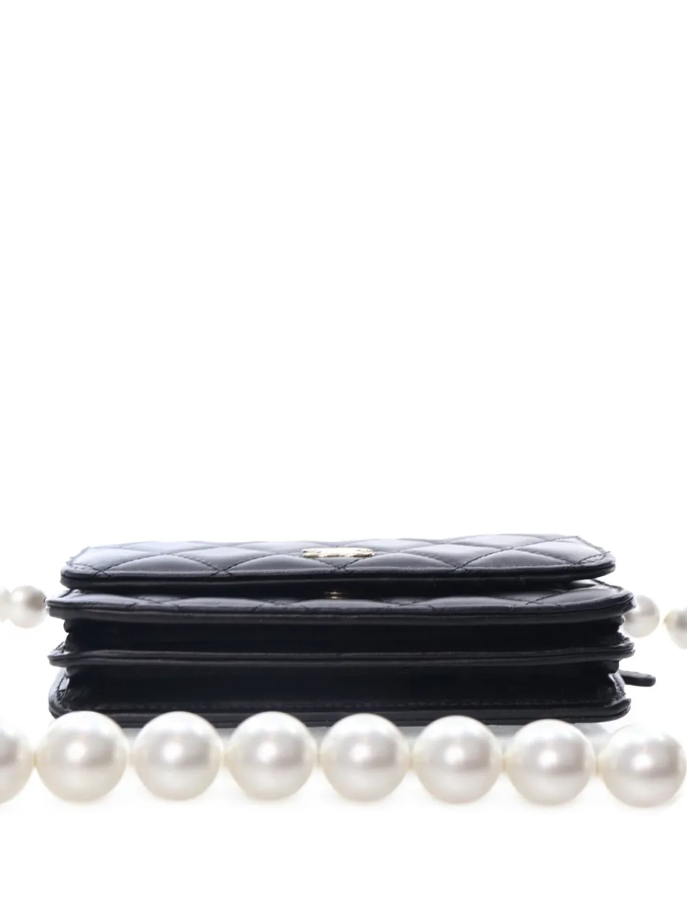 Pre-owned Chanel 2021 Quilted Calfskin Maxi Pearls Wallet On Chain Crossbody Bag In Black
