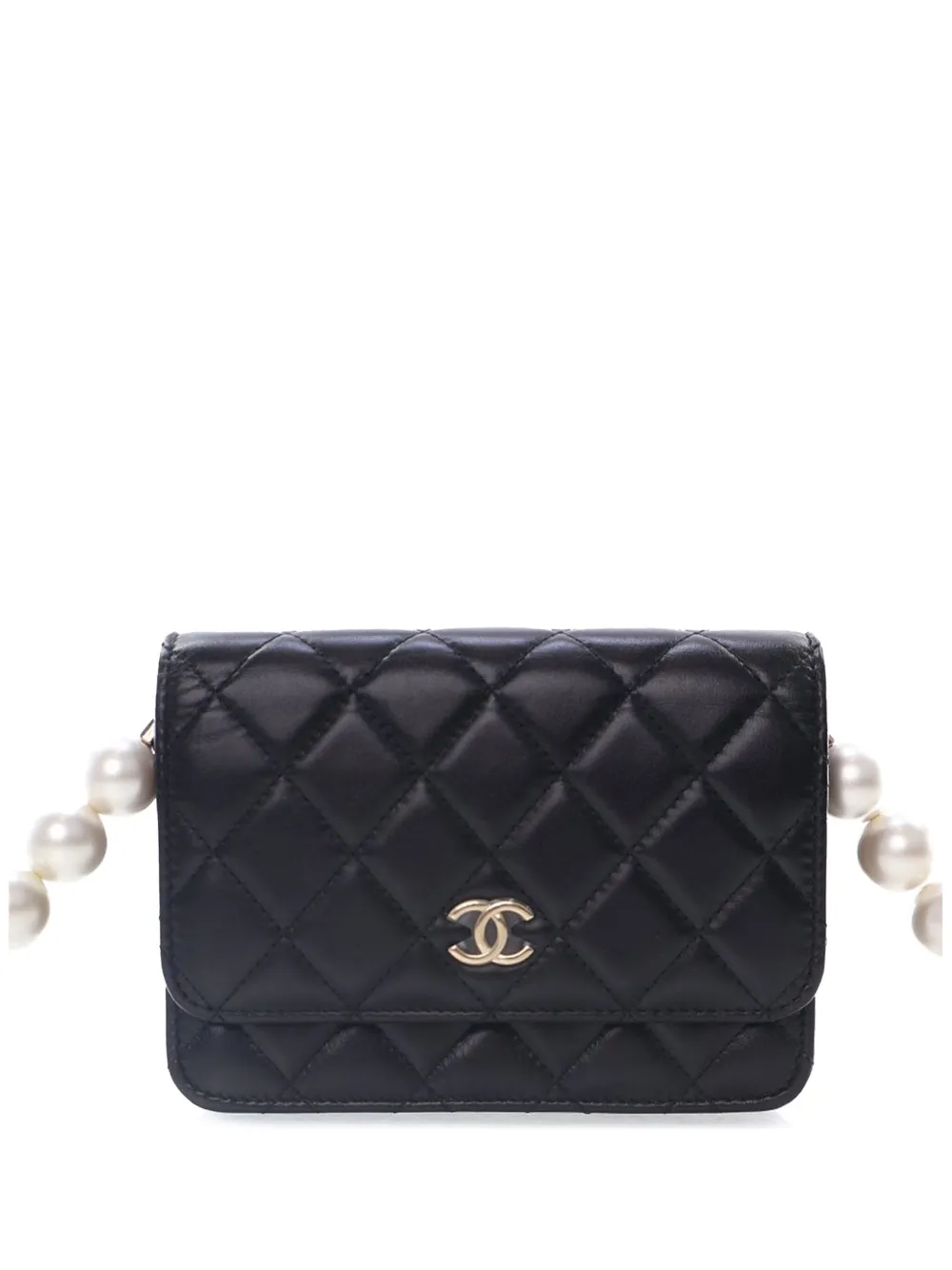 Pre-owned Chanel 2021 Quilted Calfskin Maxi Pearls Wallet On Chain Crossbody Bag In Black