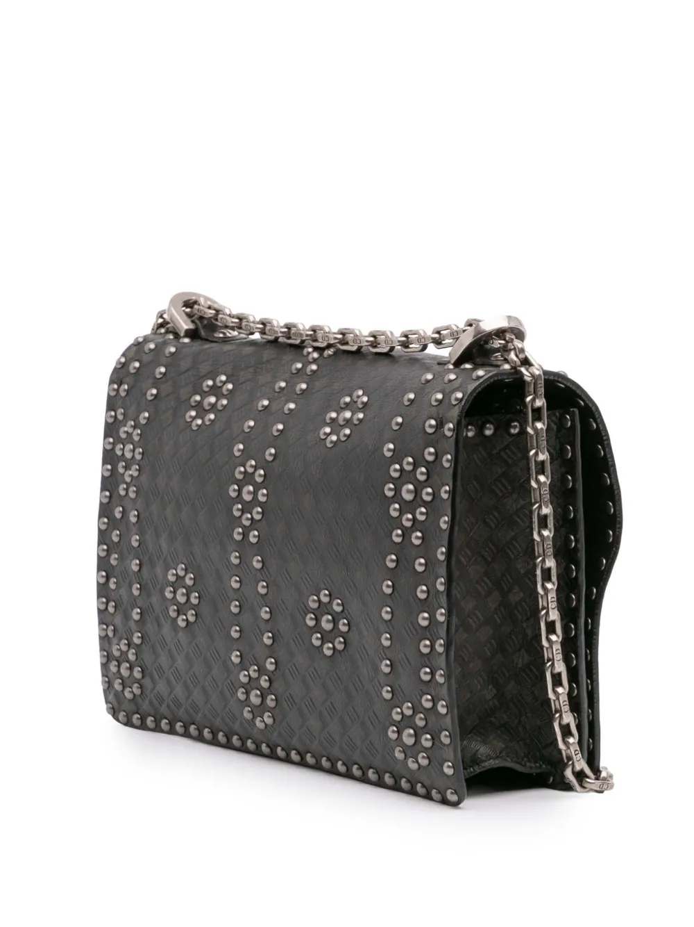 Pre-owned Dior 2017 Medium Embossed Calfskin Studded Ja Chain Flap Shoulder Bag In Black