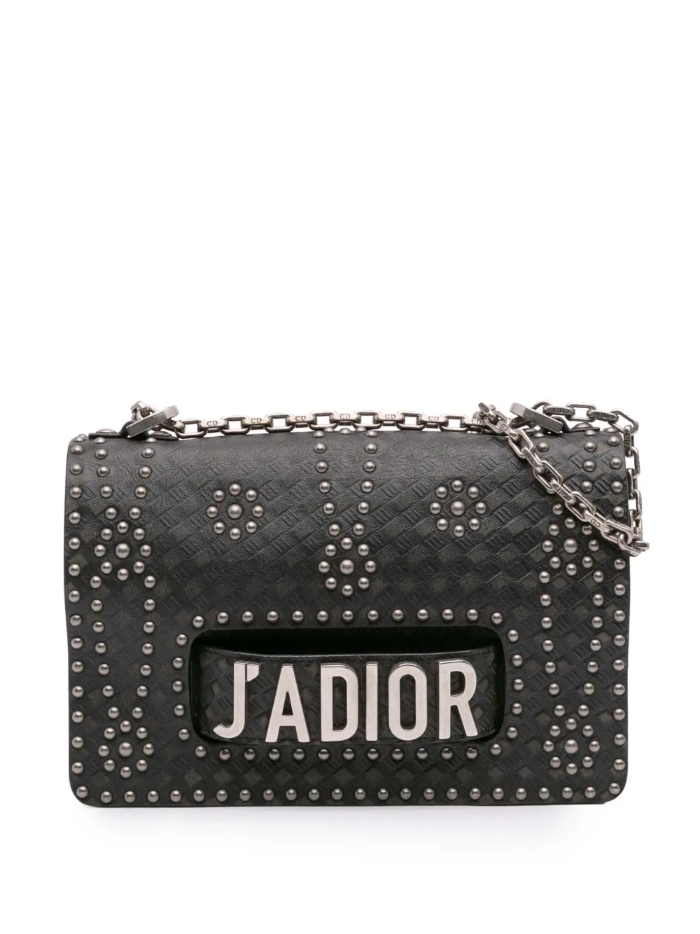 Pre-owned Dior 2017 Medium Embossed Calfskin Studded Ja Chain Flap Shoulder Bag In Black
