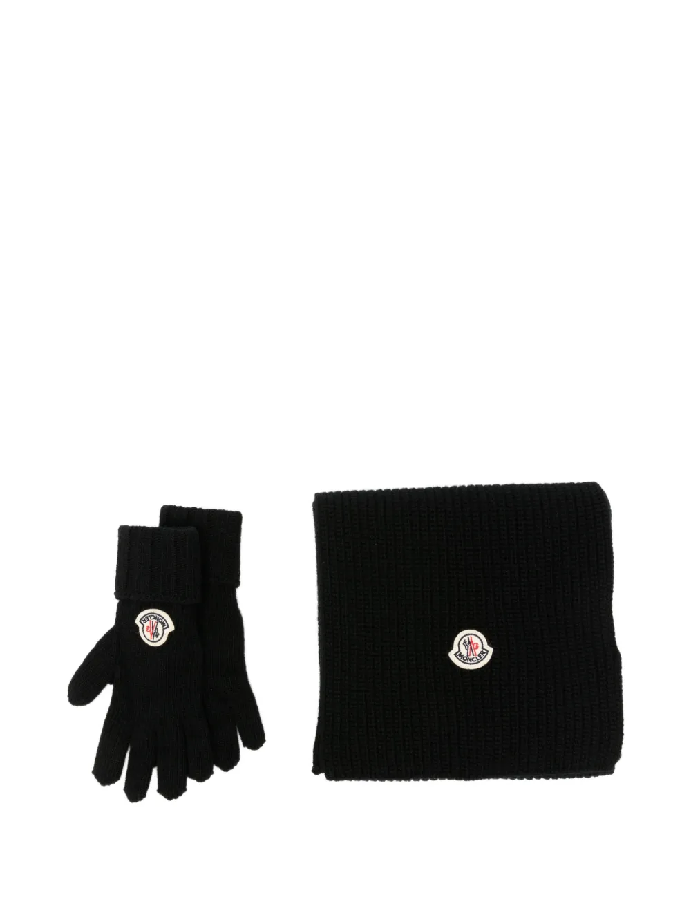 Moncler Enfant Ribgebreide sjaal en handschoenen met logopatch Zwart