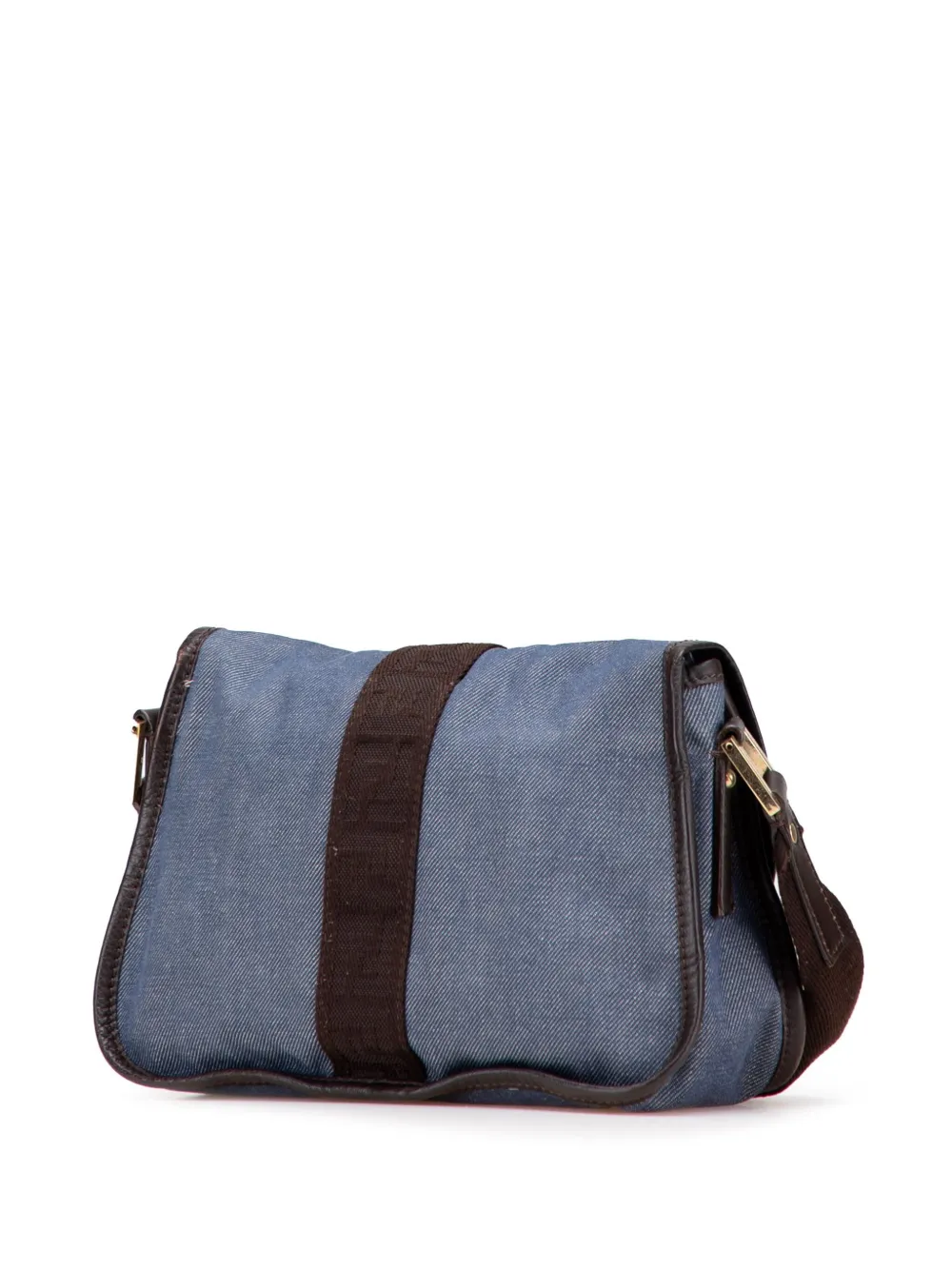 Pre-owned Fendi 2000-2010 Zucca Trimmed Denim Buckle Flap Bag Crossbody Bag In Blue