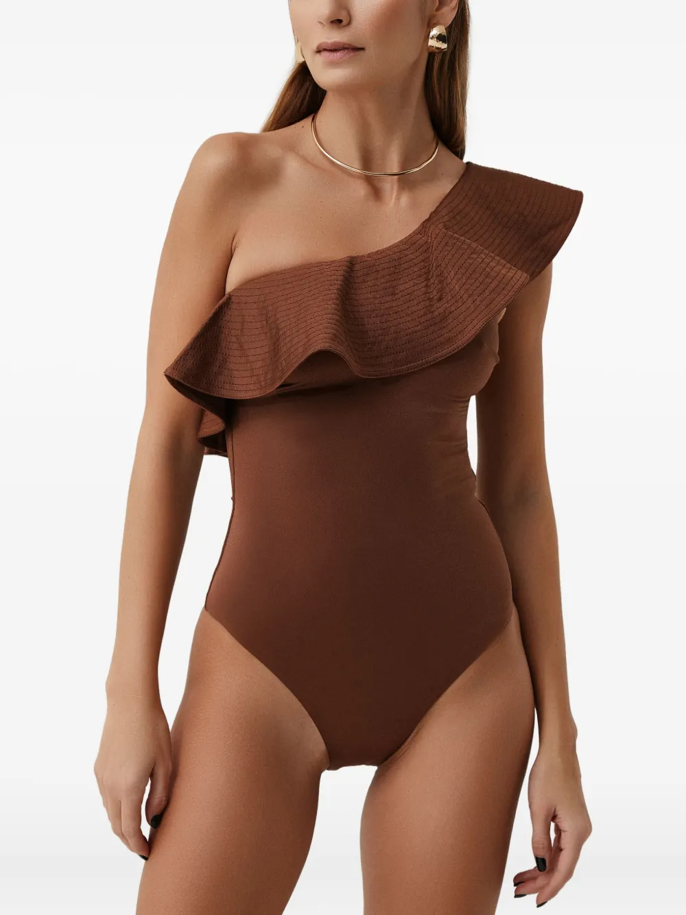 Sofia Erhan Ruffle-neck Swimsuit In Brown