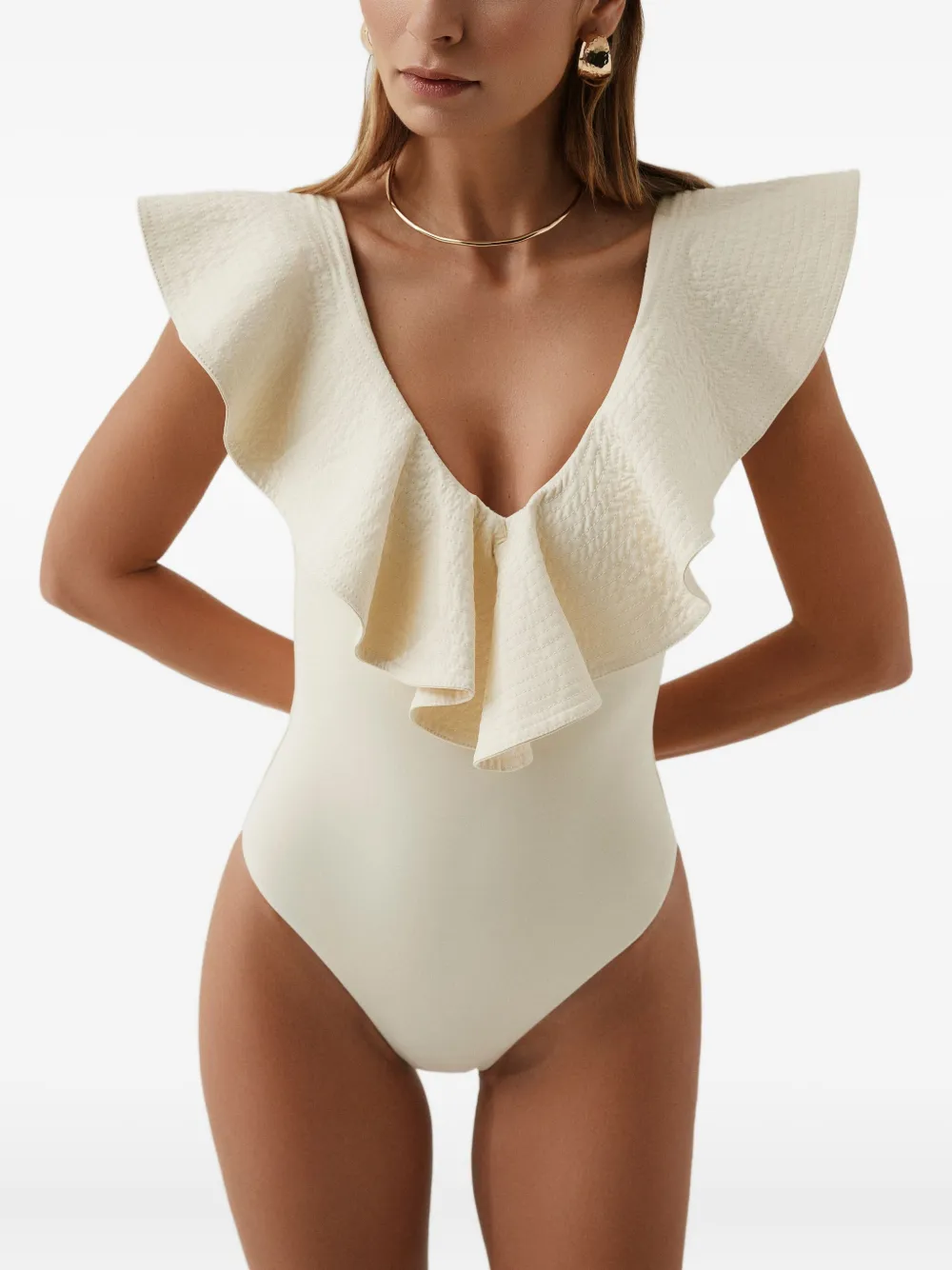 Sofia Erhan Sleeveless Ruffle-neck Swimsuit In Neutral