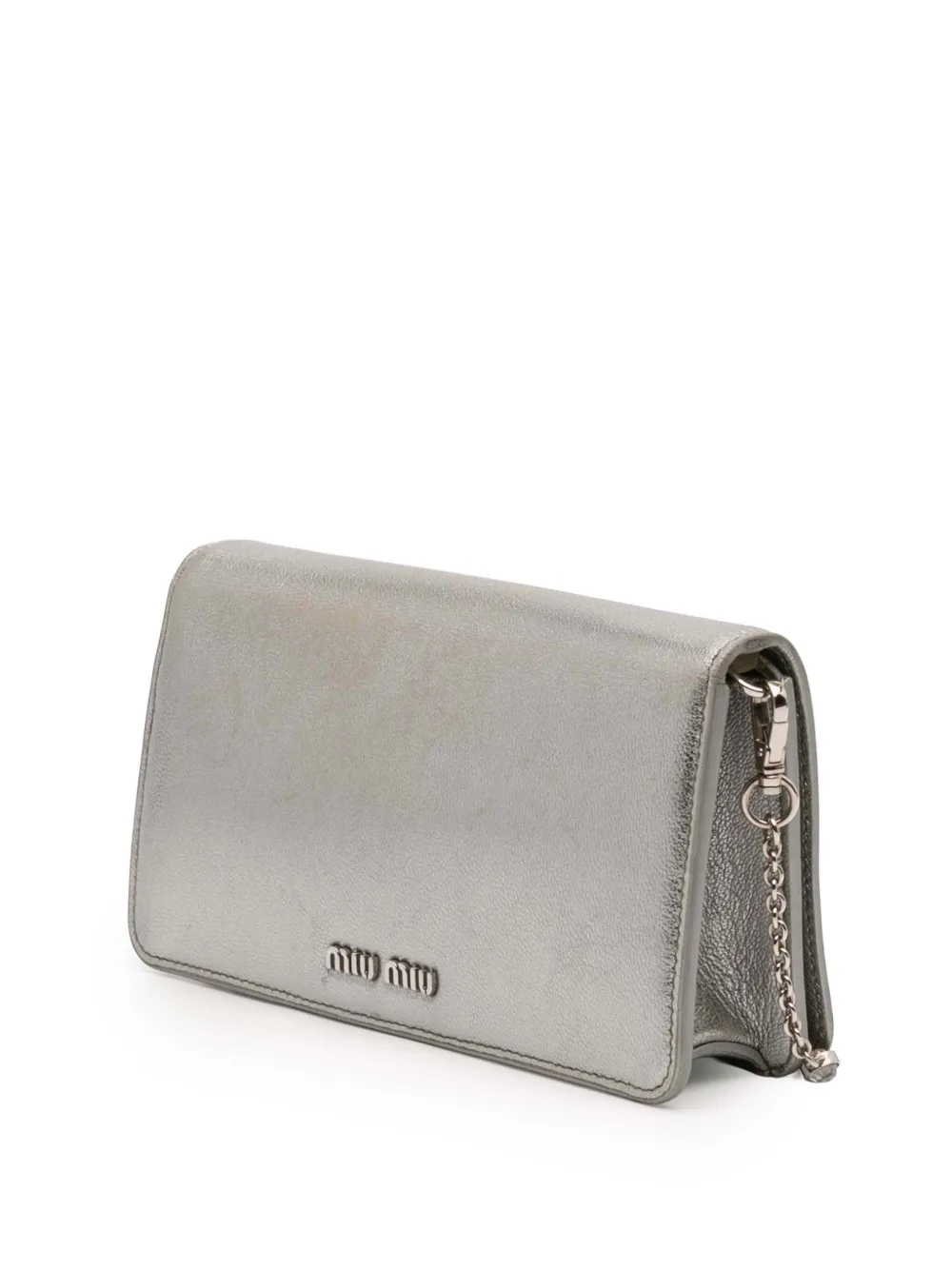Pre-owned Miu Miu 2010-2025 Metallic Leather Crystal Studs Wallet On Chain Crossbody Bag In Silver